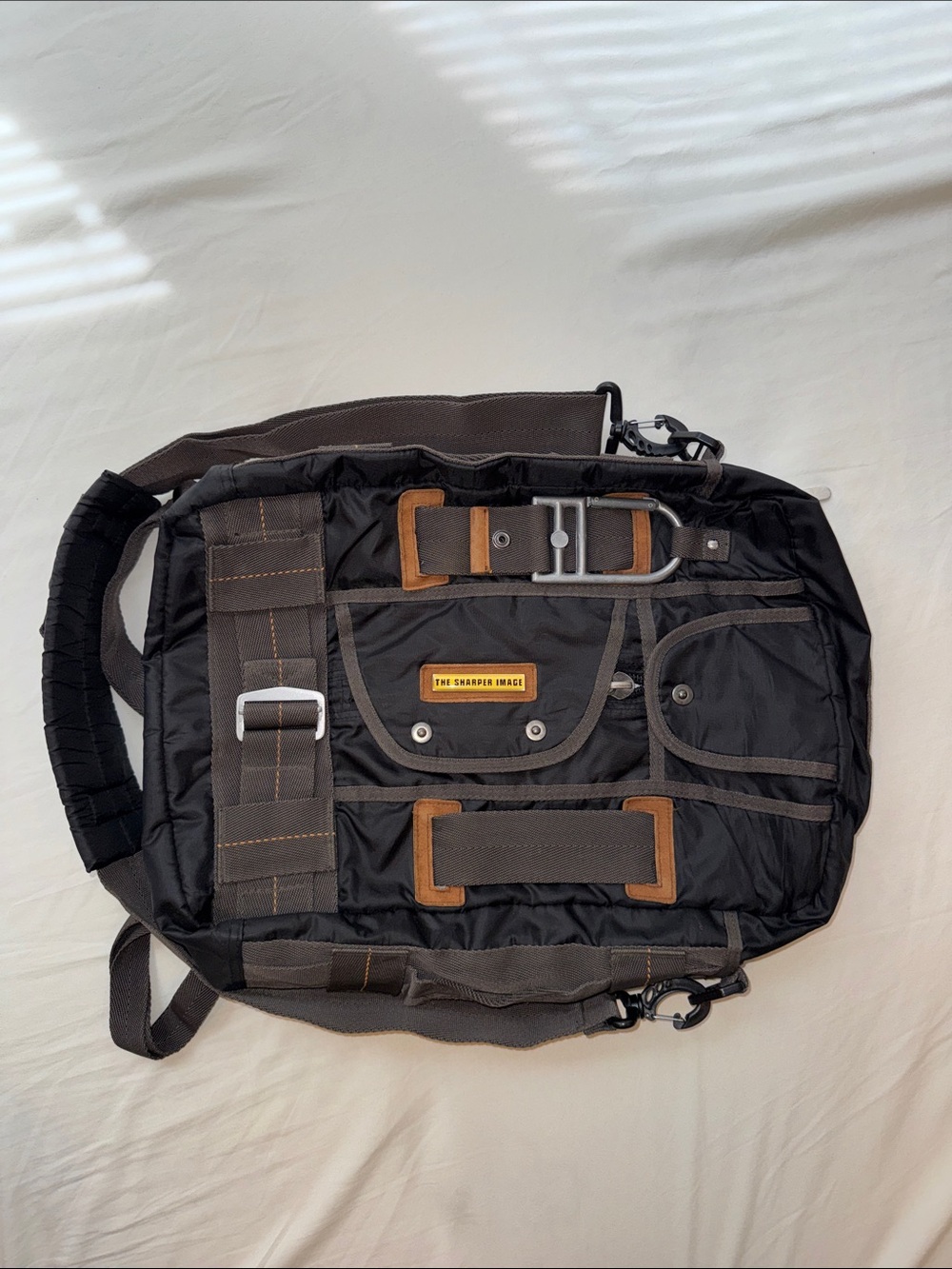 Sharper Image Black Messenger Book Bag with Brown Trim